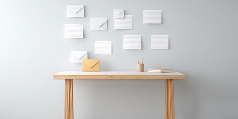 financial trouble unemployment stress concept. Minimalist desk with envelopes and notes on a light gray wall.