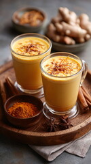 Golden latte drink with star anise spice on wooden board for healthy beverage and warm winter treat.