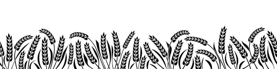Wheat field, ears of wheat, rye or barley, agriculture and harvest, seamless border, black isolated silhouette on white background, vector drawing