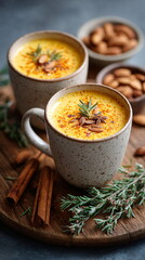 Golden latte drink with star anise spice on wooden board for healthy beverage and warm winter treat.