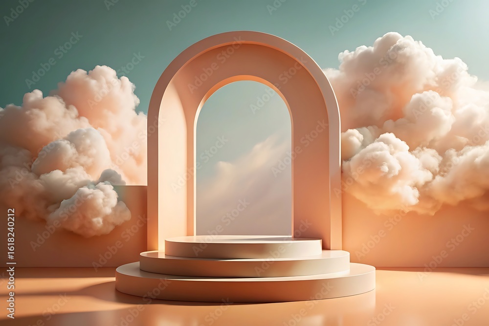 Poster a pastel archway with a podium and soft clouds, creating a dreamy and ethereal display