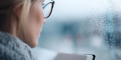 financial trouble unemployment stress concept. Woman reading by a rainy window, creating a cozy atmosphere.