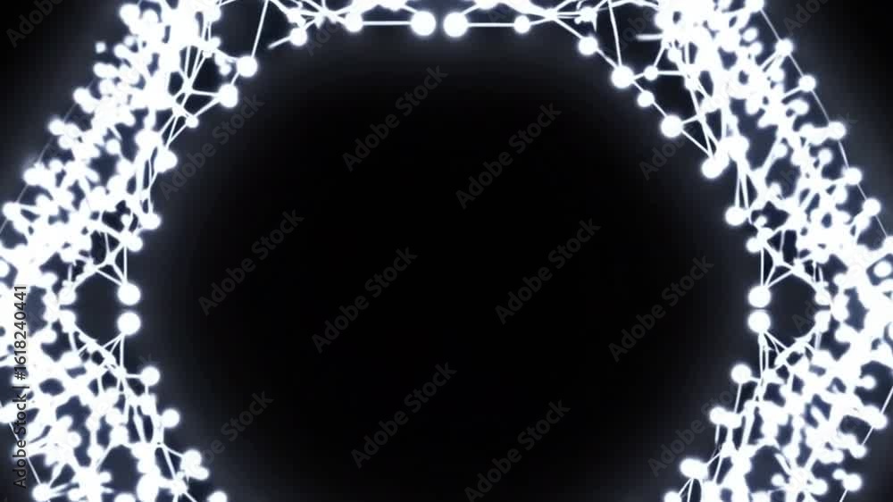 Poster an abstract, glowing, interconnected network of data points in a circular formation, suggesting tech