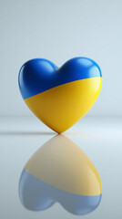 A 3D heart with Ukrainian flag colors, standing on a reflective floor, isolated on a pure white background.