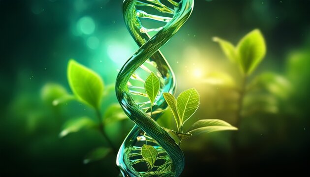 glowing dna double helix structure with green plant growth biotechnology and genetic engineering concept futuristic science of nature fusion molecular innovation in sustainable agriculture and ecol