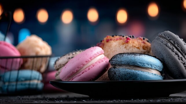 Assorted macarons on a black plate, with a soft, blurred background.