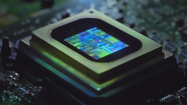 A video matrix located on the printed circuit board plays a clip about the structure of a microcircuit inside, filmed through a microscope. Closeup. Macro. Shallow depth of field 