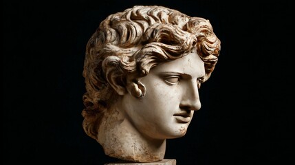 Marble sculpture of young man with curly hair on black background in profile view.