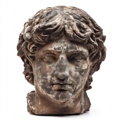 Obraz premium Ancient weathered marble sculpture head with curly hair on white background.