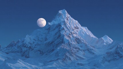 Majestic snow-covered mountain peak under full moon night sky in winter landscape.