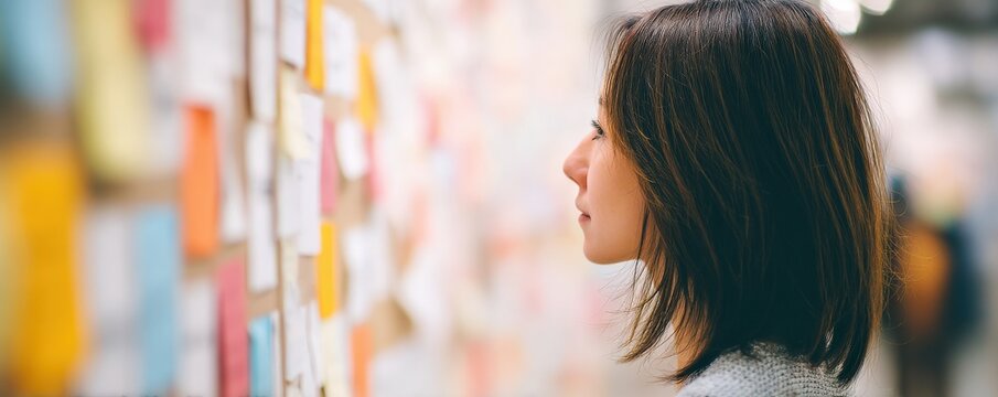 financial trouble unemployment stress concept. A woman contemplating ideas on a wall covered in sticky notes.