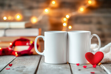 Two white coffee mug mockups, Valentines day-themed background, hearts and flowers decorations in background