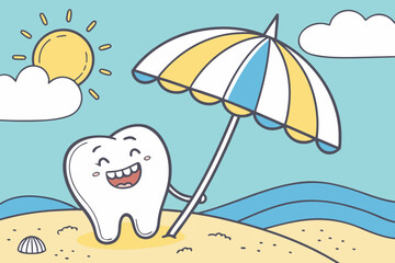 Dental care summer vacation tooth on beach with sun and umbrella for kids dentistry and oral health