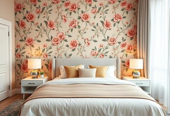Elegant bedroom; floral wallpaper, modern bed, minimalist nightstands, soft lighting, chic decor,  space,  flowers
