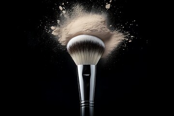 Professional Makeup Brush with Beige Powder Explosion on Black Background for Cosmetic Beauty