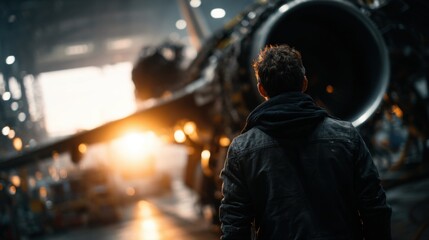 Fototapeta premium Aircraft Engineer Overseeing Maintenance in Hangar at Sunset