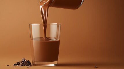 Rich Chocolate Milk Pouring into Glass with Chocolate Pieces on Brown Backdrop