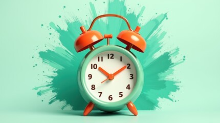 A mint green vintage alarm clock with bright orange bells sits at the center, white clock face with clear black hour markers and a striking orange minute hand