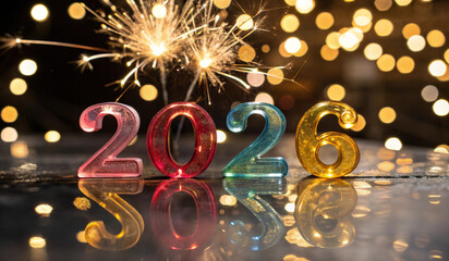 Colorful, transparent numbers 2026 arranged in a row, illuminated against a blurred background of golden bokeh lights. A sparkler emits bright sparks from the right side, adding a festive touch to the
