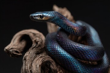 Obraz premium Iridescent black snake coiled on a textured wooden branch