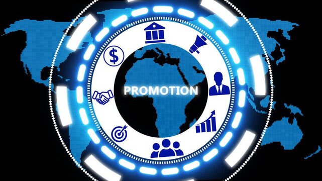 Business Promotion  button on a clear projection screen a futuristic holographic advanced HUD circle platform.  Business, Technology network with 4k video. 