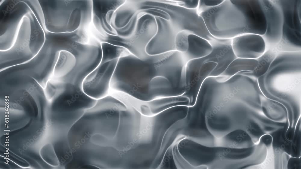 Poster smoky navy hues abstract silvery liquid forms distorted shapes with light reflection creating a futu