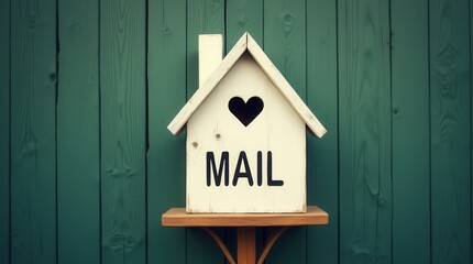 A charming house-shaped wooden mailbox with a white exterior