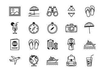Black and white travel icon set featuring summer vacation and transportation elements ideal for creative designs
