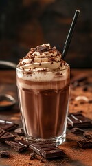 Indulgent Chocolate Drink with Whipped Cream and Dark Chocolate Shavings CloseUp View