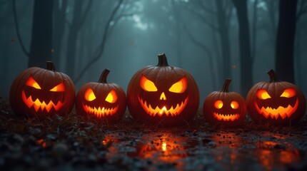 Naklejka premium Halloween illustration of five glowing jack-o'-lanterns in a foggy
