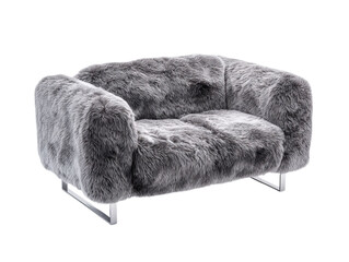 PNG Of Stylish grey faux fur couch with plush texture and metal frame, perfect for modern and cozy living spaces.