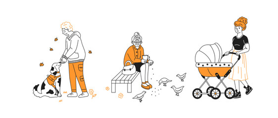 Three individuals enjoy a day in the park Two are interacting with pets and nature, while a woman walks with a stroller. The minimalist style uses black and orange tones.