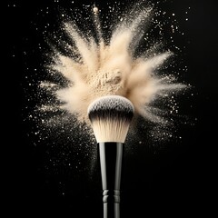 Makeup Brush with Exploding Powder on Black Background Professional Beauty Product Photography