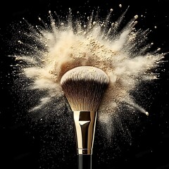 Makeup Brush with Golden Handle and Powder Explosion Against Black Backdrop, Beauty Still Life