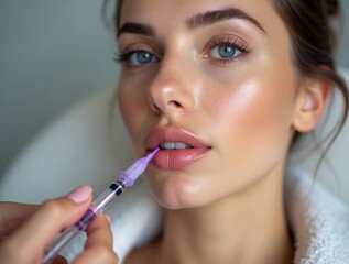 A close-up of a European woman receiving a lip enhancement injection with vibrant purple filler, set against a minimal, softly lit clinical background.