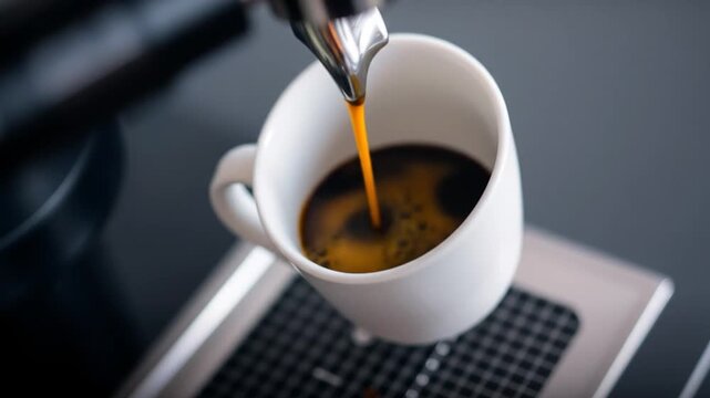 Close-up of Fresh Espresso Being Poured Into a White Ceramic Cup with Coffee Machine