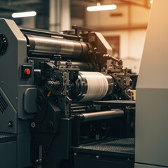 Printing press rollers and mechanisms inside a factory. Automated production machinery for large scale commercial printing for banner, poster, or blog post.