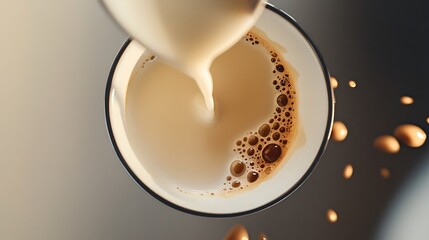 Milk Pouring into a Coffee Cup from Above, Bubbles and Dark Background