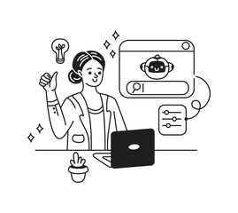 Black and white illustration showing a woman interacting with an AI chatbot. Her expression is positive, symbolizing successful technology use. Simple and modern design.