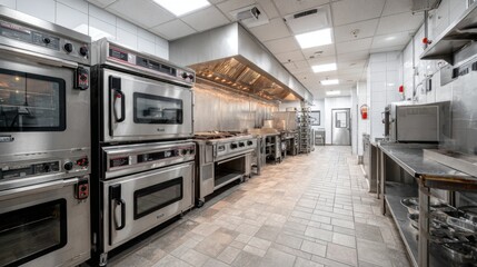 A professional kitchens oven area with large industrial ovens, stovetops, and cooking equipment, creating a sleek and efficient cooking environment ready for busy hours