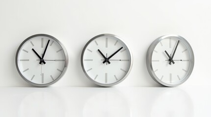 Three classic round clocks with bold black hands on white backgrounds