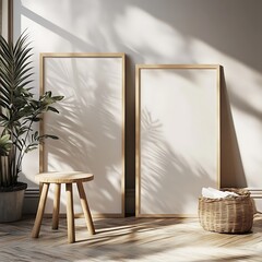 Minimalist Interior Two Blank Wood Frames, Wooden Stool, Houseplant, Wicker Basket, and Sunlight