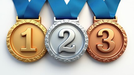 Three distinct medals—gold, silver, and bronze—are aligned in a row