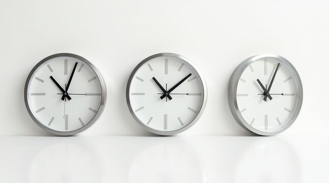 Three classic round clocks with bold black hands on white backgrounds