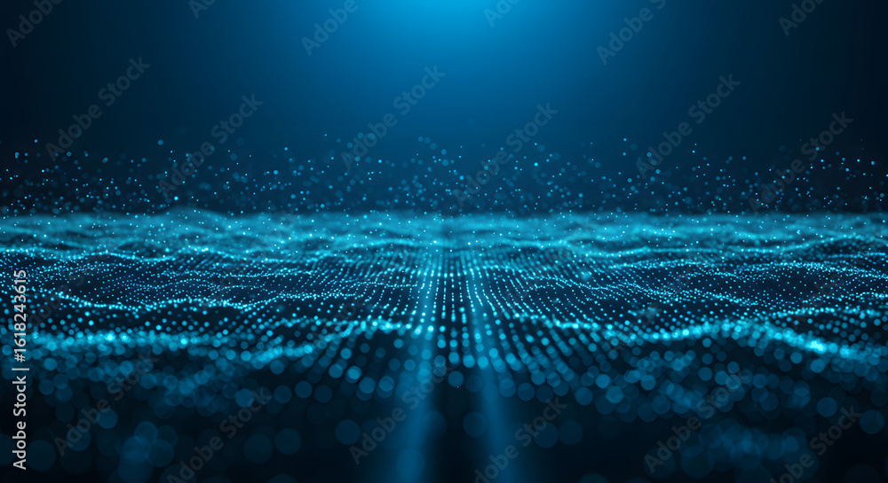 Poster abstract blue glowing digital particles wavy data flow surface.