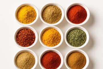 Nine neatly arranged white ceramic bowls filled with colorful spices