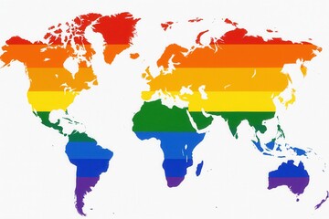 Bright detailed LGBT rainbow world map on white background