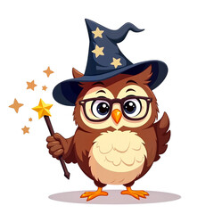 Naklejka premium Cartoon owl wearing wizard hat and holding magic wand 
