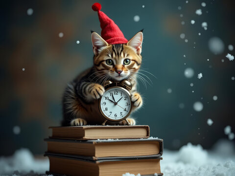 Un chaton festif garde l&rsquo;heure de No&euml;l sur une pile de livres enneig&eacute;s et magiques
