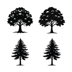 Four tree silhouettes are isolated on white background, showcasing different species
